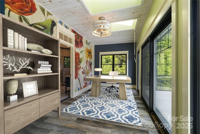 231 Bible School Rd, Lake Lure, NC 28746 - office area with a skylight, wood finished floors, wooden ceiling, and a chandelier