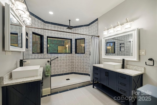 231 Bible School Rd, Lake Lure, NC 28746 - full bathroom featuring tiled shower, vanity, tile patterned floors, and recessed lighting