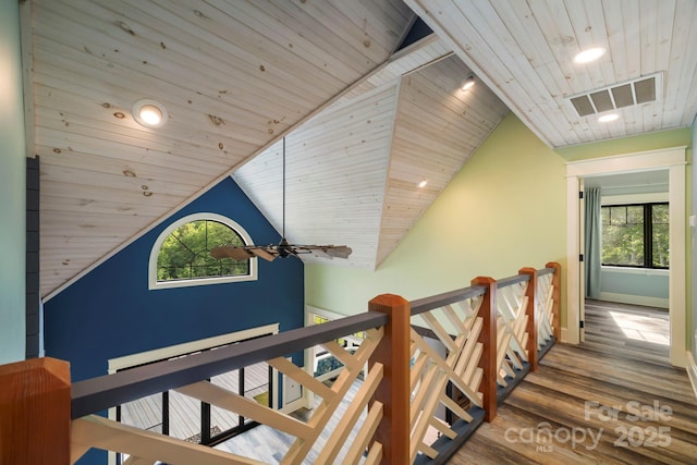 231 Bible School Rd, Lake Lure, NC 28746 - stairs featuring wood ceiling, wood finished floors, vaulted ceiling, healthy amount of natural light, and recessed lighting