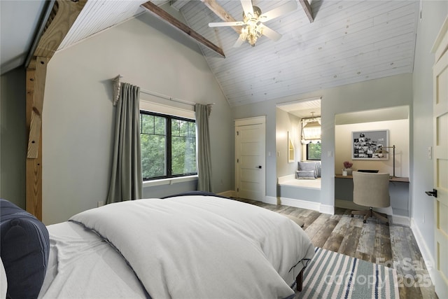 231 Bible School Rd, Lake Lure, NC 28746 - bedroom featuring wood finished floors, high vaulted ceiling, wooden ceiling with exposed beams, a ceiling fan, and baseboards