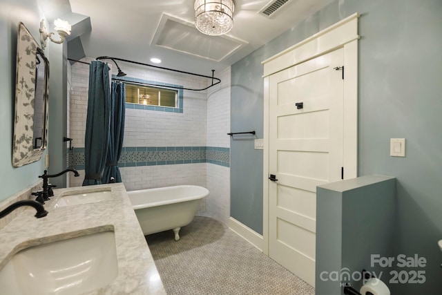 231 Bible School Rd, Lake Lure, NC 28746 - bathroom with a soaking tub, double vanity, a shower with shower curtain, and recessed lighting