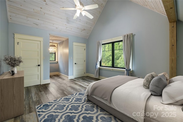 231 Bible School Rd, Lake Lure, NC 28746 - bedroom with wood finished floors, high vaulted ceiling, wood ceiling, baseboards, and ceiling fan