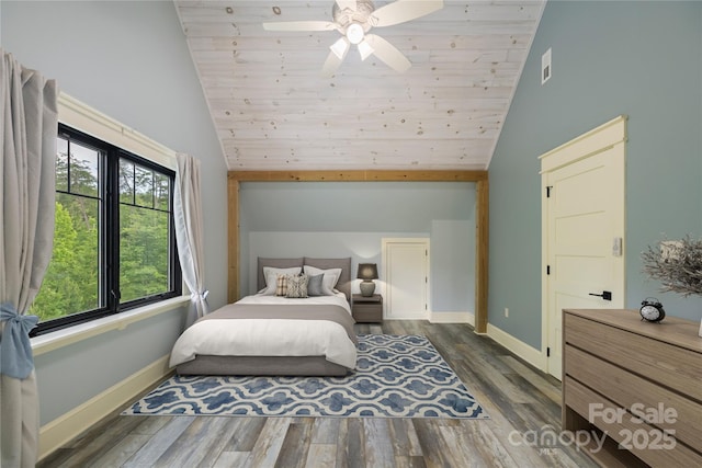 231 Bible School Rd, Lake Lure, NC 28746 - bedroom with vaulted ceiling, baseboards, wood finished floors, wood ceiling, and a ceiling fan