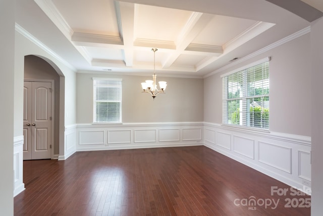 11922 Kimberfield Rd, Matthews, NC 28105 - unfurnished dining area featuring coffered ceiling, arched walkways, beam ceiling, a chandelier, and dark wood-style floors