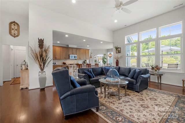 2399 Ashbourne Pl SE, Concord, NC 28025 - living area with ceiling fan, dark wood finished floors, and recessed lighting