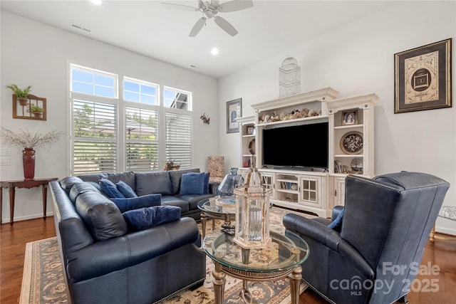 2399 Ashbourne Pl SE, Concord, NC 28025 - living room with ceiling fan, wood finished floors, and recessed lighting