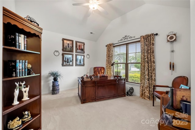 2399 Ashbourne Pl SE, Concord, NC 28025 - office featuring vaulted ceiling, a ceiling fan, and light carpet
