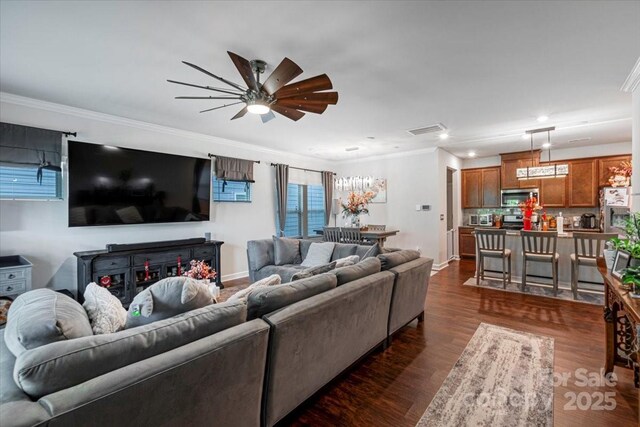 11965 Hambright Rd, Huntersville, NC 28078 - living room featuring crown molding, dark wood-style floors, ceiling fan, and recessed lighting