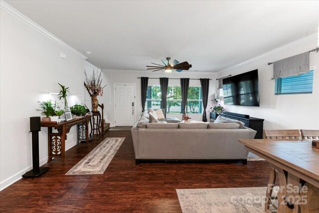 11965 Hambright Rd, Huntersville, NC 28078 - living room with ornamental molding, ceiling fan, and dark wood finished floors