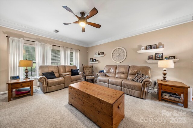 162 Castles Gate Dr, Mooresville, NC 28117 - living room featuring light colored carpet, crown molding, and ceiling fan