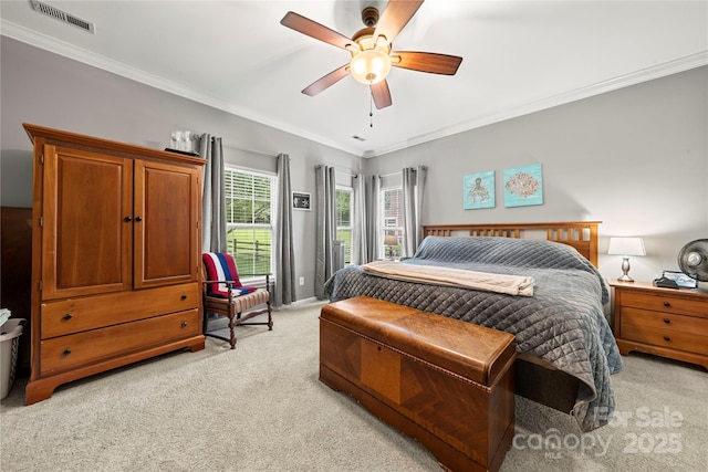 162 Castles Gate Dr, Mooresville, NC 28117 - bedroom with light colored carpet, crown molding, and a ceiling fan