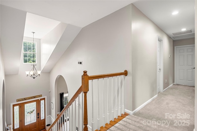 162 Castles Gate Dr, Mooresville, NC 28117 - corridor with an upstairs landing, recessed lighting, and a chandelier
