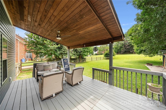 162 Castles Gate Dr, Mooresville, NC 28117 - wooden terrace with a fenced backyard, an outdoor living space, and ceiling fan