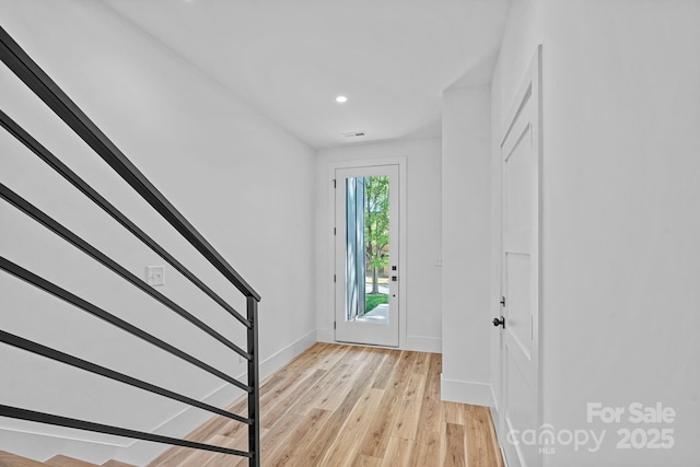 209 Keswick Ave, Charlotte, NC 28206 - foyer entrance featuring stairs, light wood-style flooring, and recessed lighting