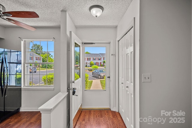 218 Water Oak Dr, Pineville, NC 28134 - doorway to outside featuring healthy amount of natural light, dark wood-style flooring, ceiling fan, and a textured ceiling