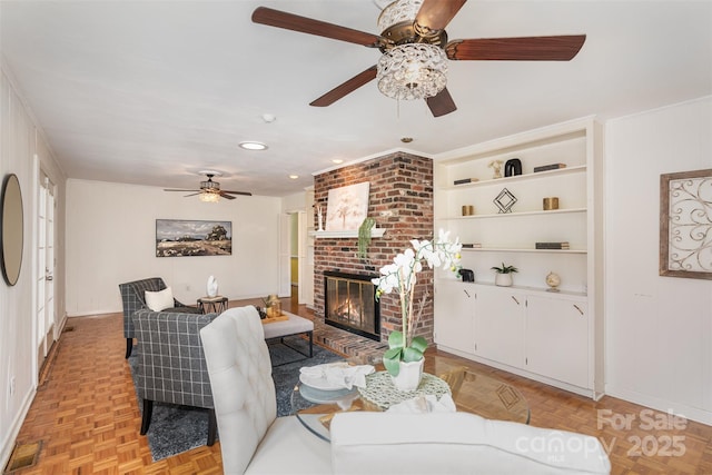1925 Montclair Ave, Gastonia, NC 28054 - living area with ceiling fan, a fireplace, and recessed lighting