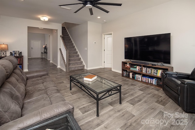171 Old Harbor Dr, Mount Gilead, NC 27306 - living room with stairs, a ceiling fan, wood finished floors, and recessed lighting