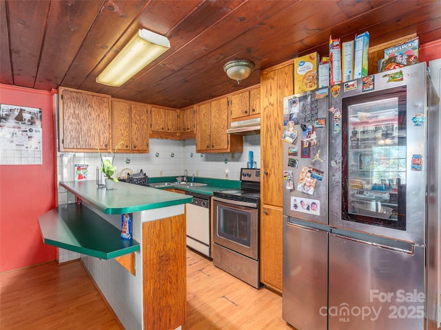 157 Evergreen Cir, Waynesville, NC 28786 - kitchen with stainless steel appliances, under cabinet range hood, wood ceiling, light wood-type flooring, and a peninsula