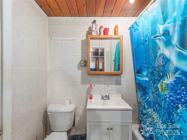 157 Evergreen Cir, Waynesville, NC 28786 - bathroom with vanity, wooden ceiling, shower / tub combo with curtain, and tile walls