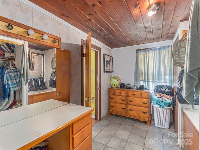 157 Evergreen Cir, Waynesville, NC 28786 - bedroom featuring light tile patterned floors, wood ceiling, and ornamental molding