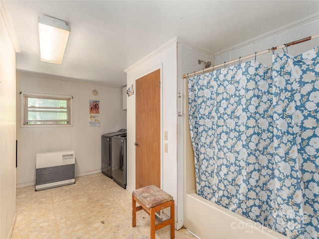 157 Evergreen Cir, Waynesville, NC 28786 - bathroom with heating unit, washer and dryer, tile patterned floors, shower / tub combo, and ornamental molding