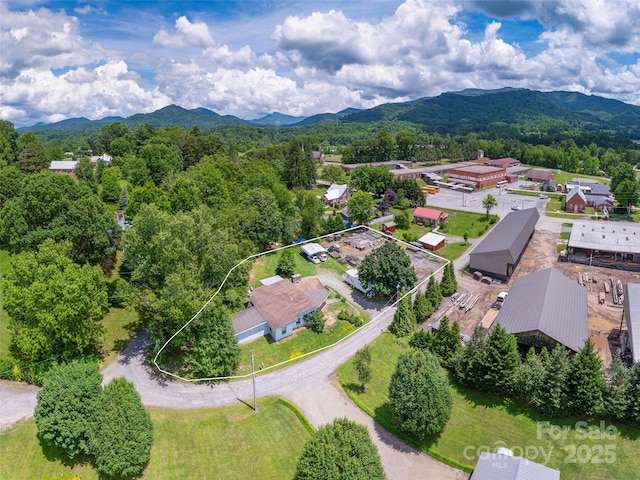157 Evergreen Cir, Waynesville, NC 28786 - aerial view of property's location with a mountain backdrop and property boundaries highlighted