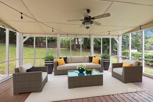 906 Wishing Well Ln, Charlotte, NC 28270 - sunroom with ceiling fan, plenty of natural light, rail lighting, and outdoor lounge area