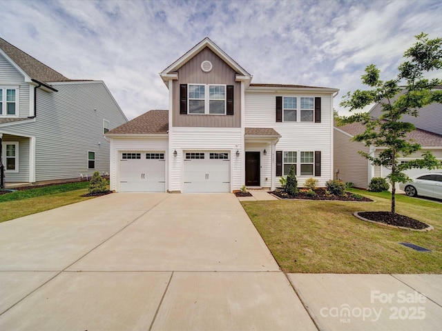 5121 Arbordale Way, Mount Holly, NC 28120 - traditional-style house with concrete driveway, a front lawn, board and batten siding, and a garage
