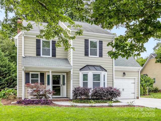 9908 Park Springs Ct, Charlotte, NC 28210 - traditional-style house with concrete driveway, a chimney, a front yard, a shingled roof, and an attached garage
