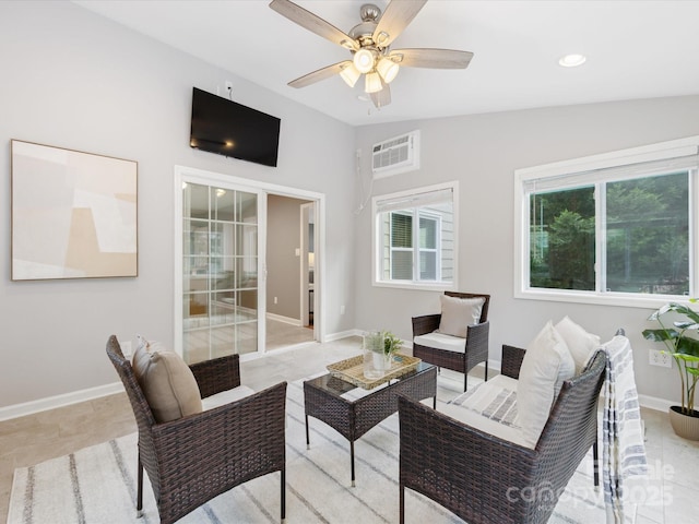 9908 Park Springs Ct, Charlotte, NC 28210 - living room featuring a ceiling fan, an AC wall unit, lofted ceiling, and recessed lighting