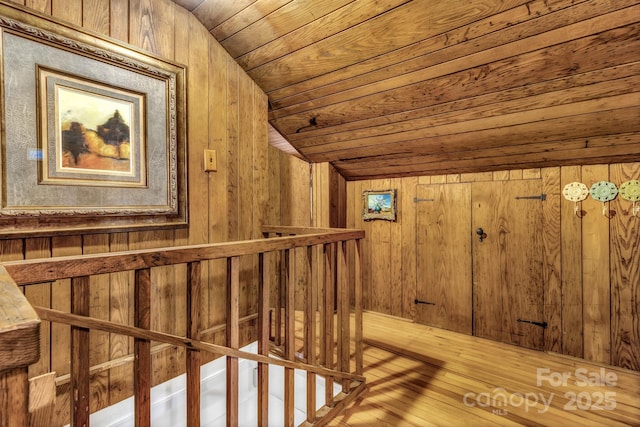 60 Meeks Rd, Black Mountain, NC 28711 - hall featuring lofted ceiling, wooden walls, wooden ceiling, and wood-type flooring