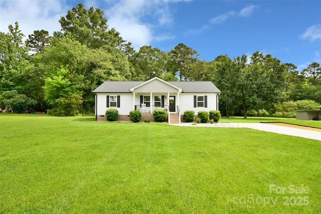 339 Brown Rd, China Grove, NC 28023 - ranch-style house featuring covered porch, a front yard, crawl space, and view of scattered trees