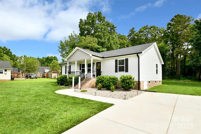 339 Brown Rd, China Grove, NC 28023 - ranch-style home with covered porch, a front yard, crawl space, and a shingled roof