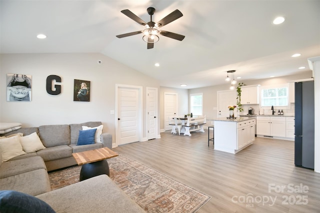 339 Brown Rd, China Grove, NC 28023 - living room with a ceiling fan, light wood-type flooring, recessed lighting, and lofted ceiling