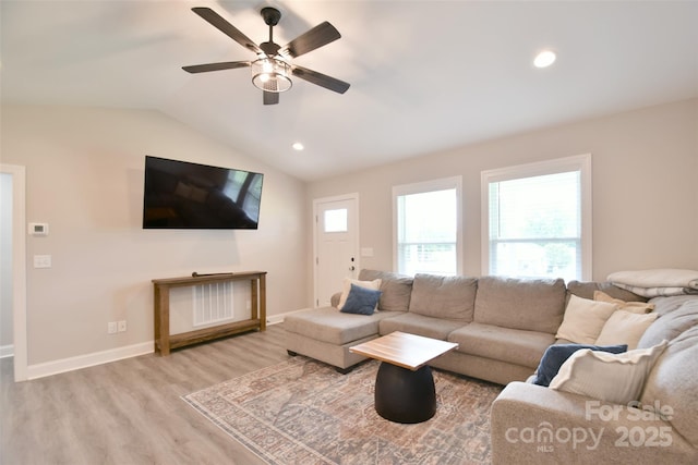 339 Brown Rd, China Grove, NC 28023 - living area featuring light wood-type flooring, ceiling fan, lofted ceiling, and recessed lighting