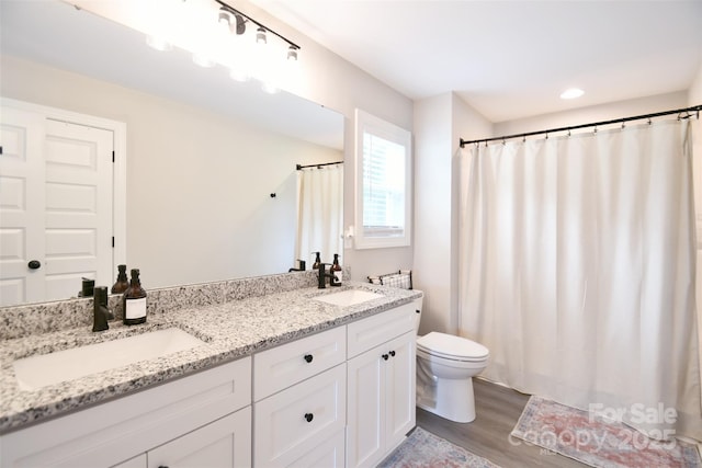 339 Brown Rd, China Grove, NC 28023 - bathroom featuring wood finished floors, double vanity, and a shower with shower curtain
