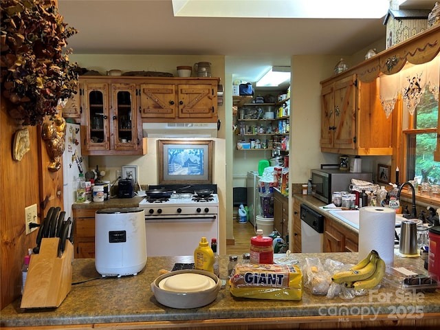 687 Willow Creek Rd, Leicester, NC 28748 - kitchen featuring under cabinet range hood, white appliances, brown cabinets, and glass insert cabinets