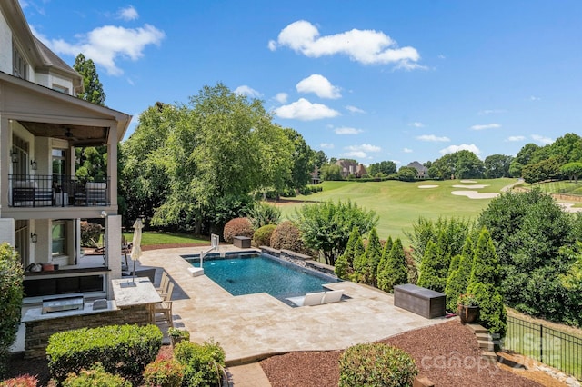 1032 Spyglass Ln, Waxhaw, NC 28173 - swimming pool with area for grilling, view of golf course, a patio area, and a ceiling fan