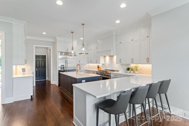 1032 Spyglass Ln, Waxhaw, NC 28173 - kitchen with high quality appliances, tasteful backsplash, a kitchen island with sink, light countertops, and dark wood finished floors