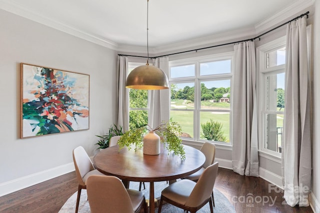 1032 Spyglass Ln, Waxhaw, NC 28173 - dining space featuring dark wood-style floors, healthy amount of natural light, and crown molding