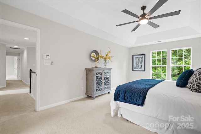 6803 Augustine Way, Charlotte, NC 28270 - bedroom featuring light colored carpet, a raised ceiling, a ceiling fan, and recessed lighting
