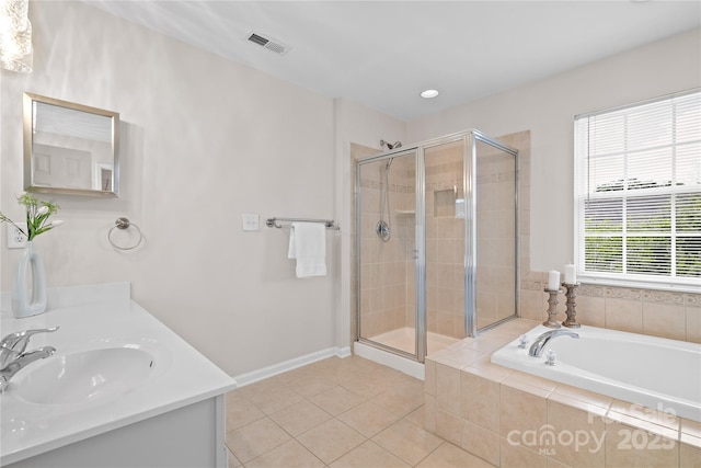 6803 Augustine Way, Charlotte, NC 28270 - full bath with a bath, a stall shower, tile patterned floors, double vanity, and recessed lighting