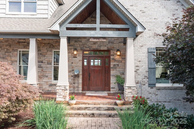 753 River Bend Dr, Granite Falls, NC 28630 - entrance to property featuring a shingled roof, stone siding, and a porch