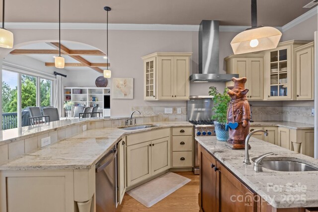 753 River Bend Dr, Granite Falls, NC 28630 - kitchen with cream cabinets, wall chimney range hood, ornamental molding, dishwasher, and a peninsula