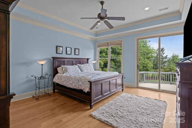 753 River Bend Dr, Granite Falls, NC 28630 - bedroom with access to exterior, light wood finished floors, a raised ceiling, ornamental molding, and recessed lighting