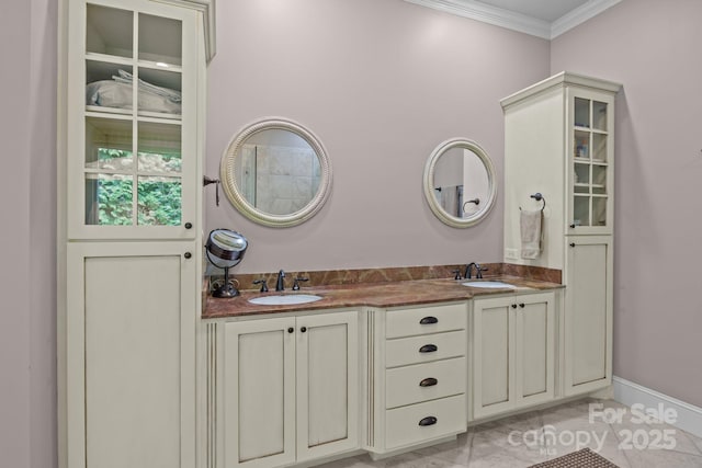 753 River Bend Dr, Granite Falls, NC 28630 - bathroom featuring crown molding and double vanity