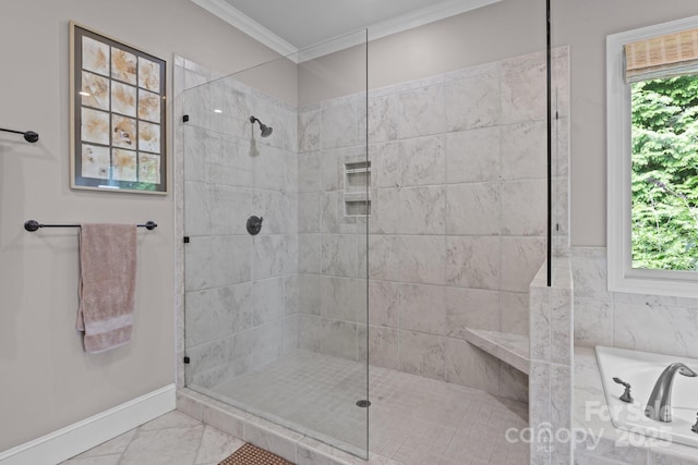 753 River Bend Dr, Granite Falls, NC 28630 - full bath with crown molding, walk in shower, a bath, marble look tile flooring, and plenty of natural light