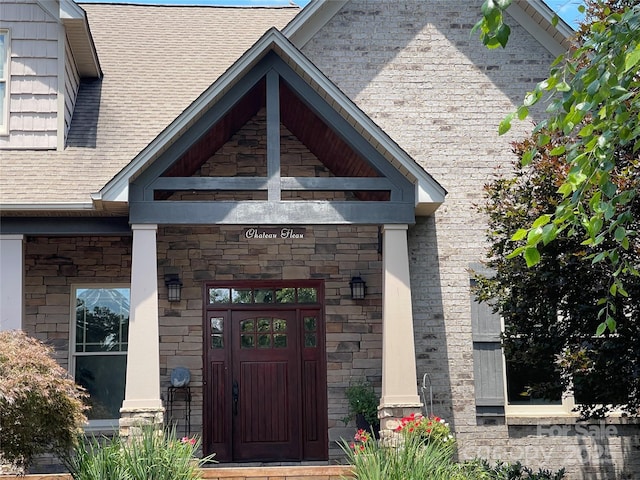 753 River Bend Dr, Granite Falls, NC 28630 - entrance to property with roof with shingles and stone siding