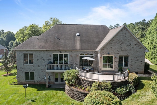 753 River Bend Dr, Granite Falls, NC 28630 - rear view of house featuring brick siding, french doors, a lawn, and a deck