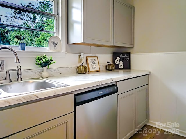 106 Cedar St, Spindale, NC 28160 - kitchen featuring dishwasher, a sink, gray cabinetry, light stone countertops, and a wainscoted wall